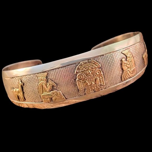 Vintage Sterling & 18k Yellow Gold Peruvian Inca Cuff Bracelet - Picture 1 of 10